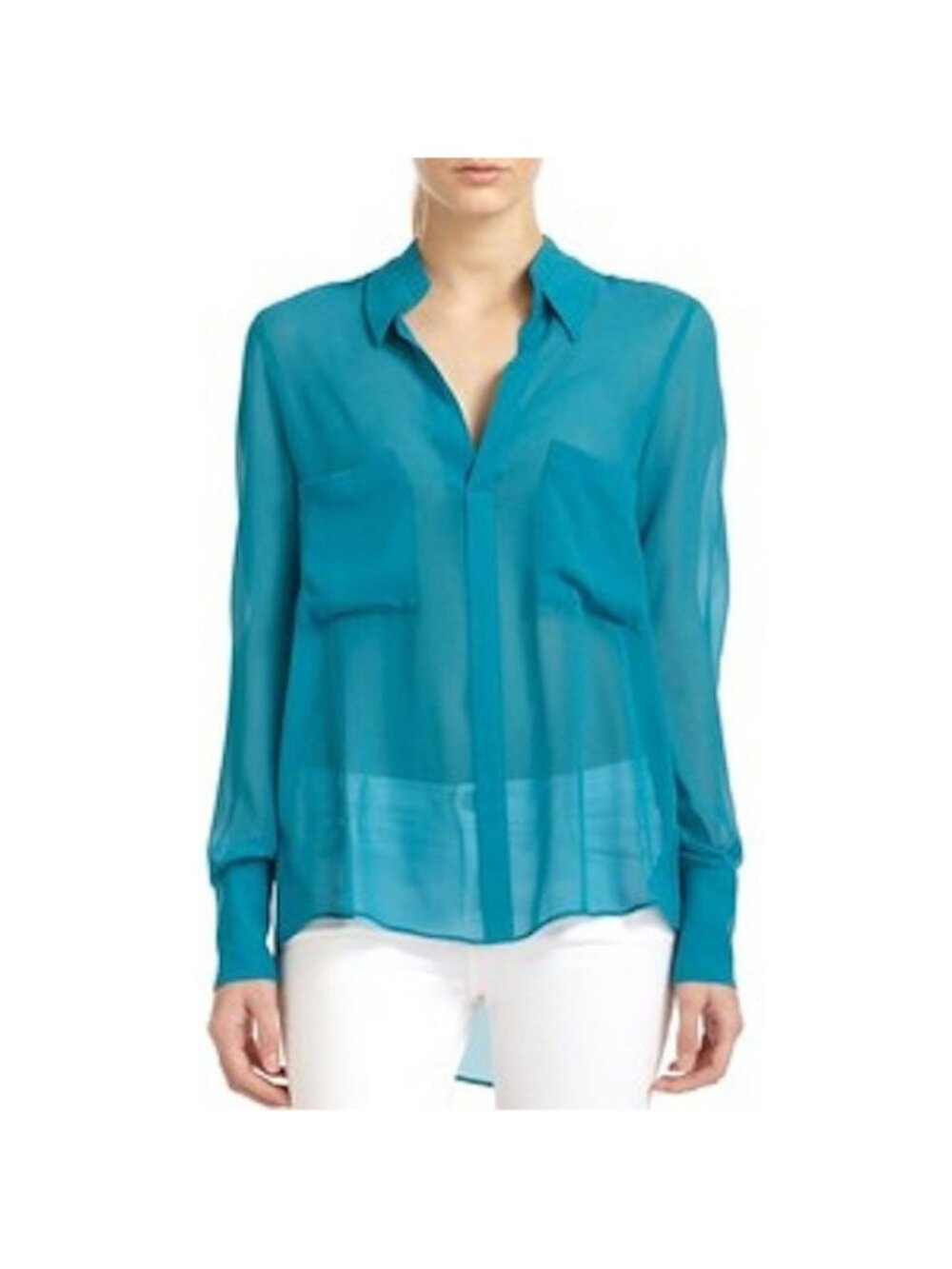 BCBG Max Azria Emma Blouse Tahiti Blue Chiffon Long Sleeve High Hi Low NEW Silk